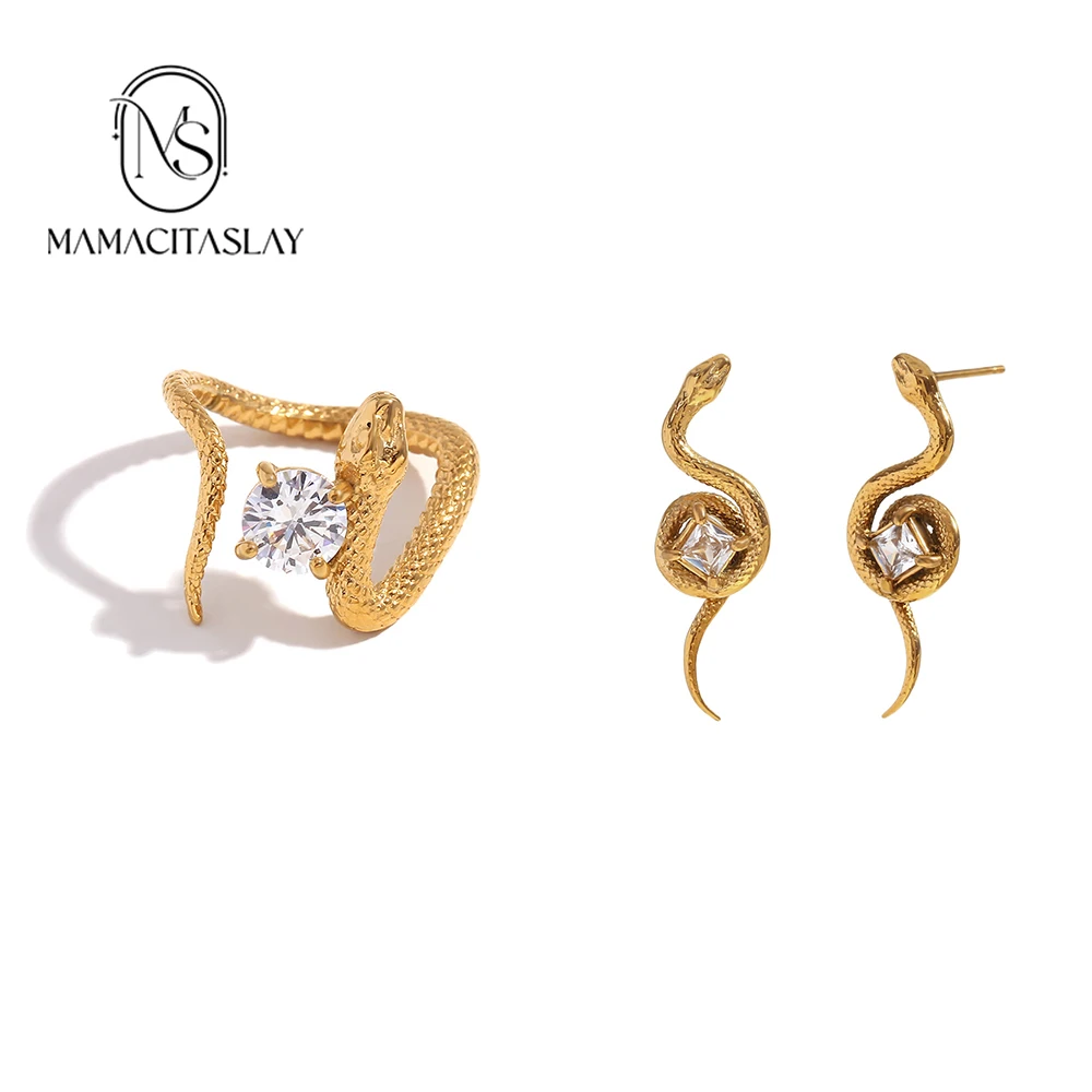 MamacitaSlay snake round zircon Rings Square Zircon Disc Snake earring   Jewelry set for women premium stainless steel jewelry