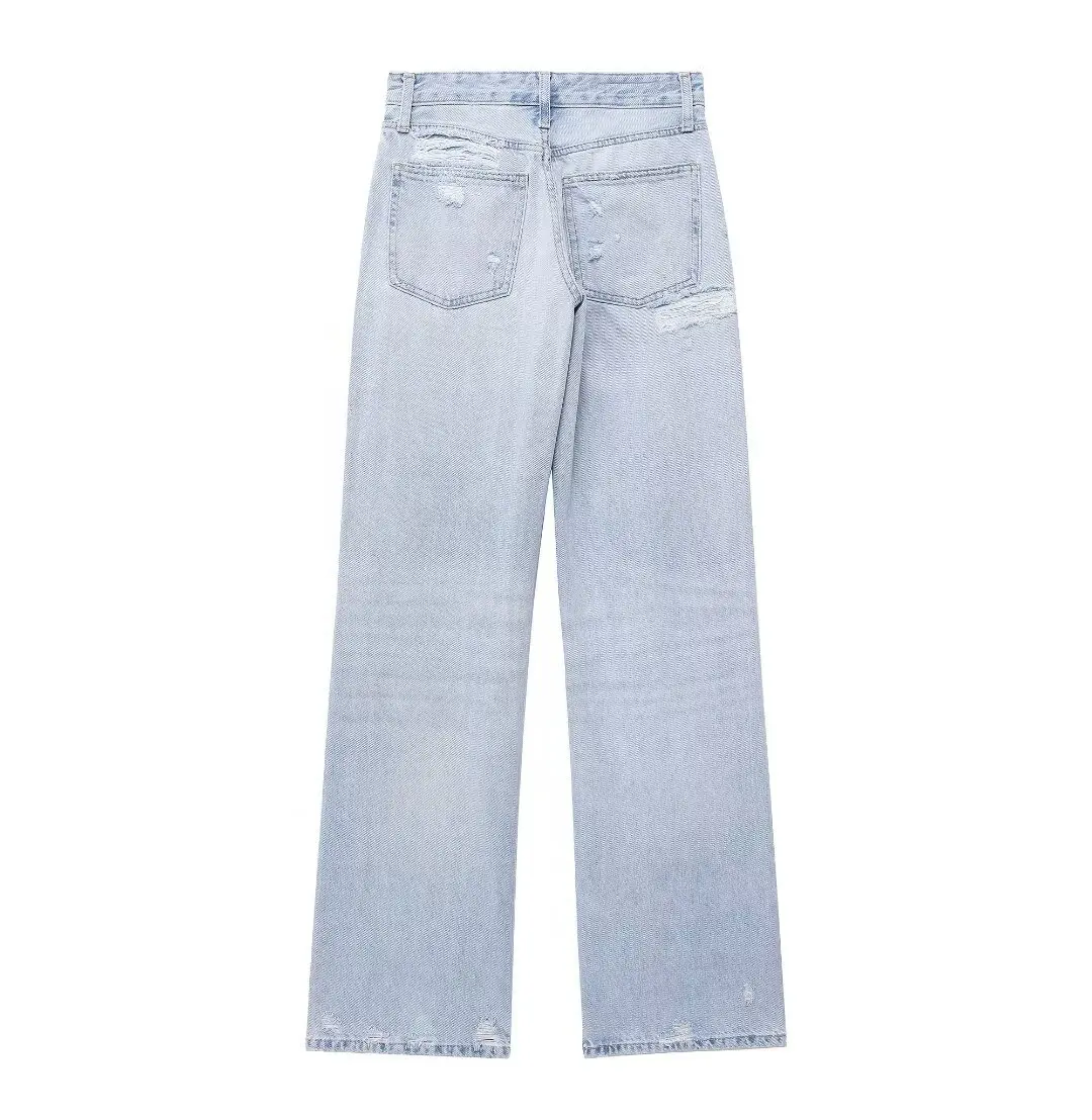 Calças de perna larga feminina com buracos, retro, cintura média, zíper, jeans tornozelo, casual, moda, novo, 2021