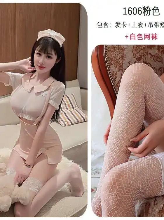 Long Night Long Sexy Nurse Uniform cosplay Short sleeves Sweet Set Hollow out Passionate transparent charming dress elegant W31H