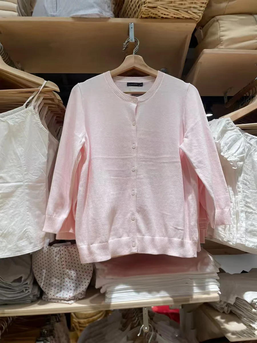 

Sweet Pink Thin Knitted Sweater Cardigan Women Autumn O-neck Three Quarter Sleeve Cotton Knitwear Tops Retro Solid Cute Sweaters