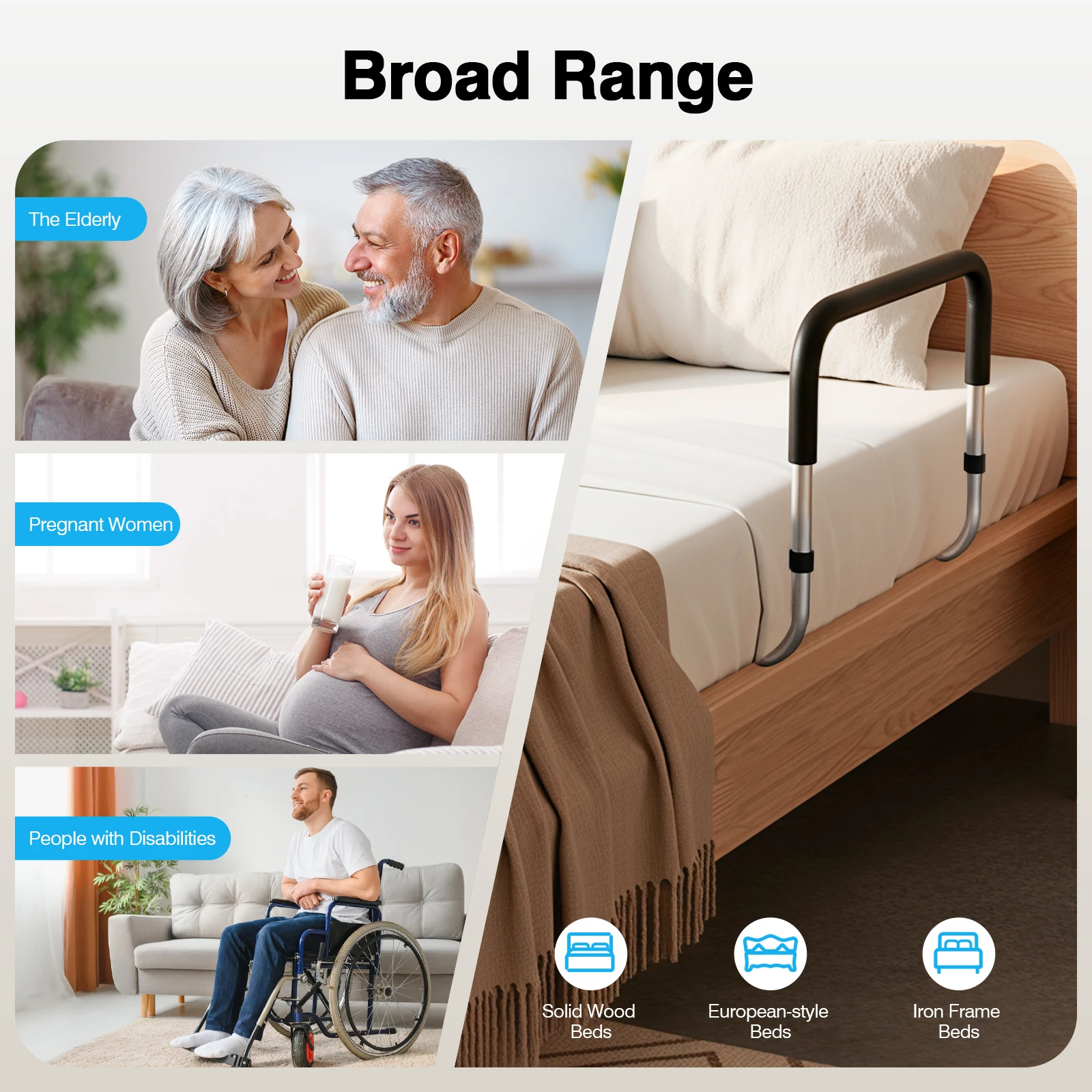 سكة أمان بجانب السرير بارتفاع قابل للتعديل، شريط مساعدة لكبار السن بسعة 300 رطل لمنع السقوط للعناية المنزلية والانتعاش
