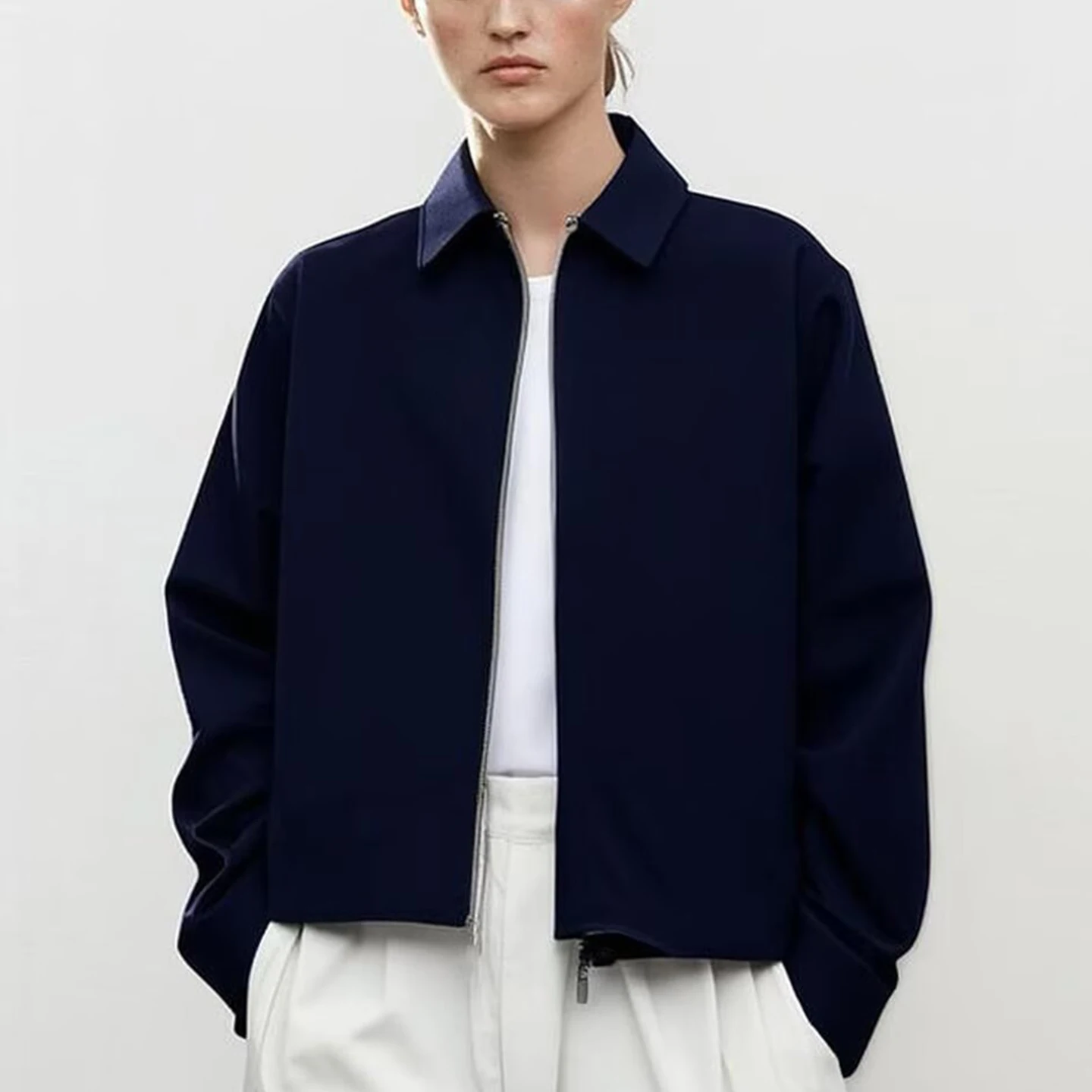 Z Women's Faionable Collared Jaet Versatile Personali Match Breathable Polyester Fiber Long Sve Zipper Closure