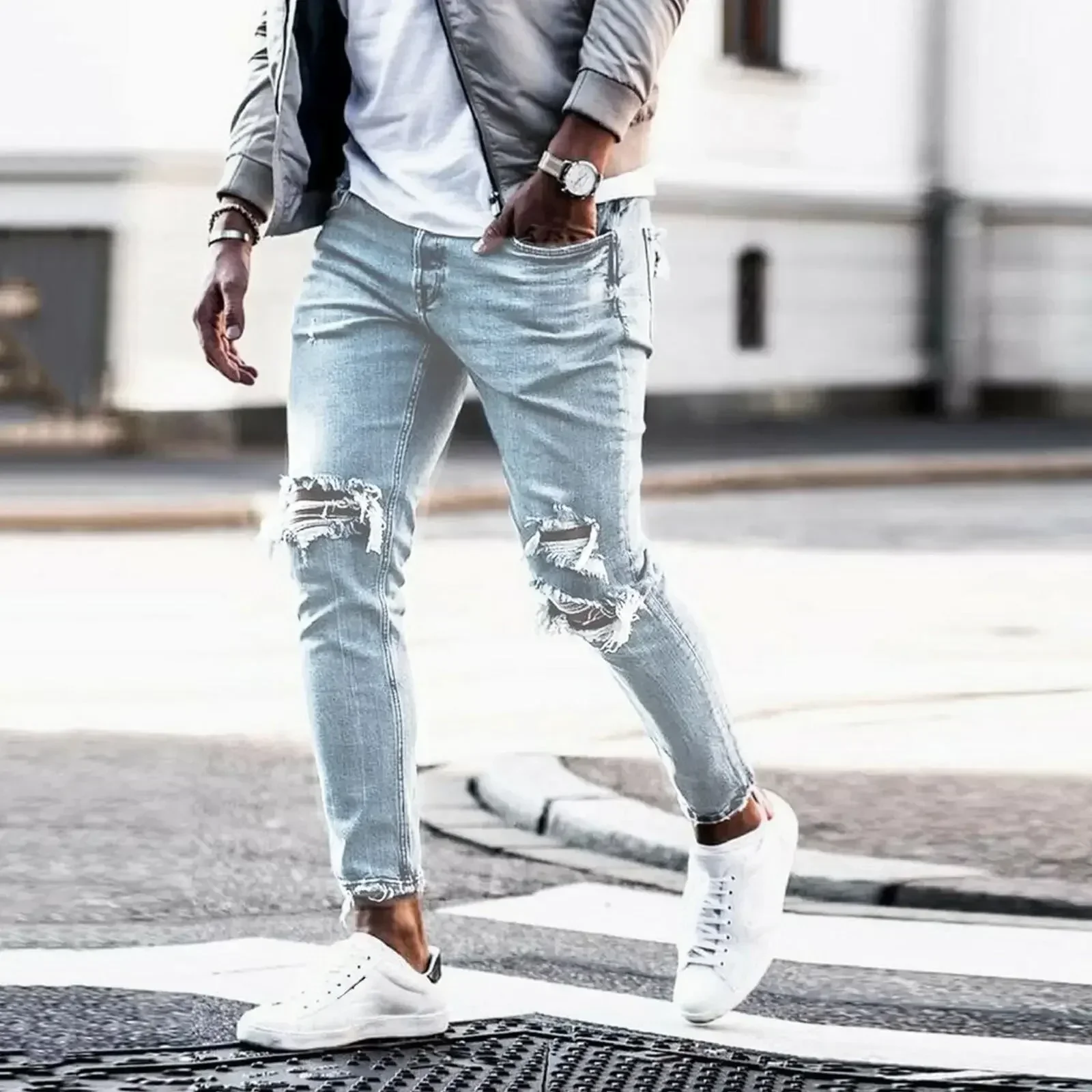 

Men Hole Jeans Washed Denim Pencil Pants Mid Waist Pockets Distressed Denims 2024 Autumn Casual Vintage Ankle Length Trousers