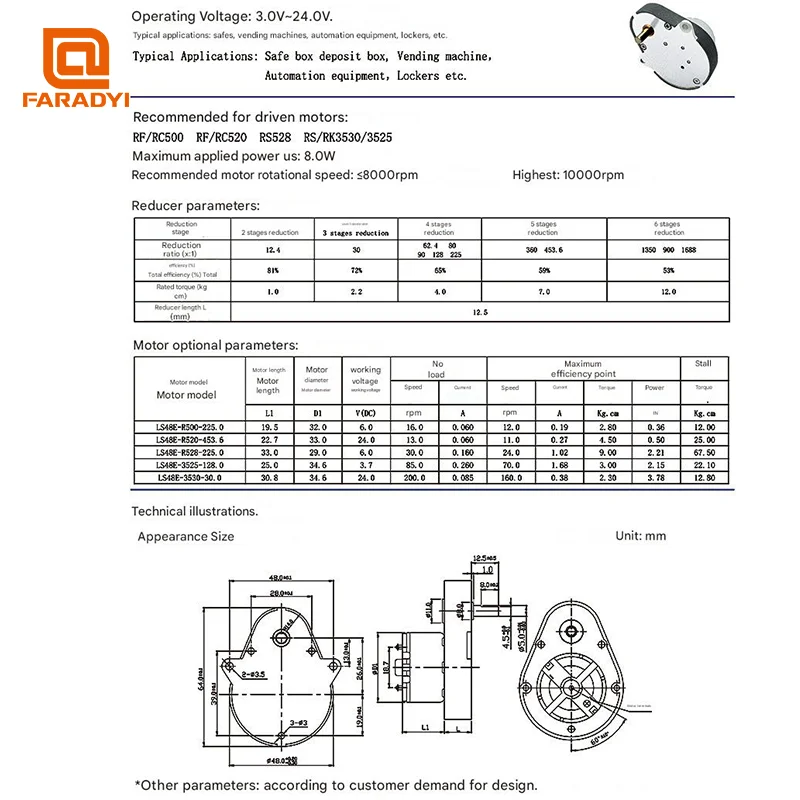 Faradyi motor de redução dc em forma de pêra ls48e eixo excêntrico dc 3.7v 6v 24v regulação de velocidade motor de automação industrial