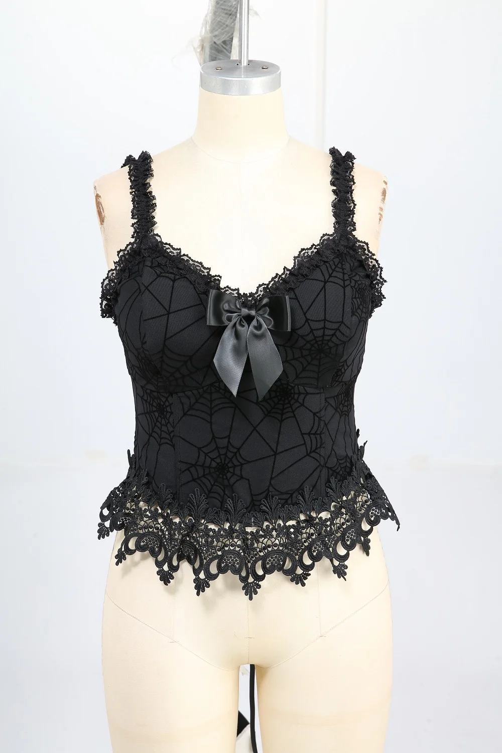 ROSEGAL gothique Corset noir toile d'araignée flocage Applique dentelle garniture nœud papillon à lacets dos hauts pour dames