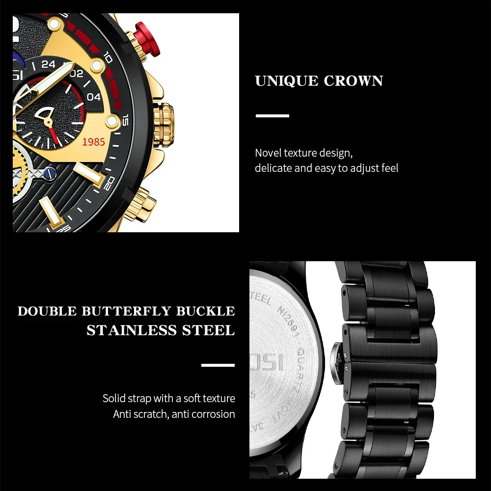 Nibosi-ساعة كوارتز للرجال ، كرونوغراف من الفولاذ المقاوم للصدأ ، مقاومة للماء ، تاريخ تلقائي ، علامة تجارية عالية ، أزياء