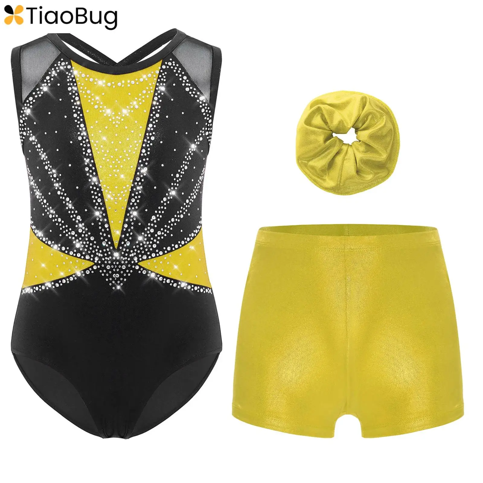 

Kids Girls Ballet Gymnastics Leotard Figure Skating Dance Costumes Rhinestones Metallic Sleeveless Bodysuit+Shorts+Hairband Sets