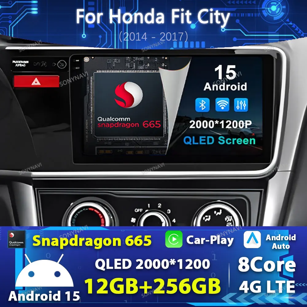 Автомобильное радио Android 15 для Honda Fit City 2014-2017 QLED 4G WIFI BT Qualcomm Головное устройство Мультимедийный стерео видеоплеер GPS NAVI