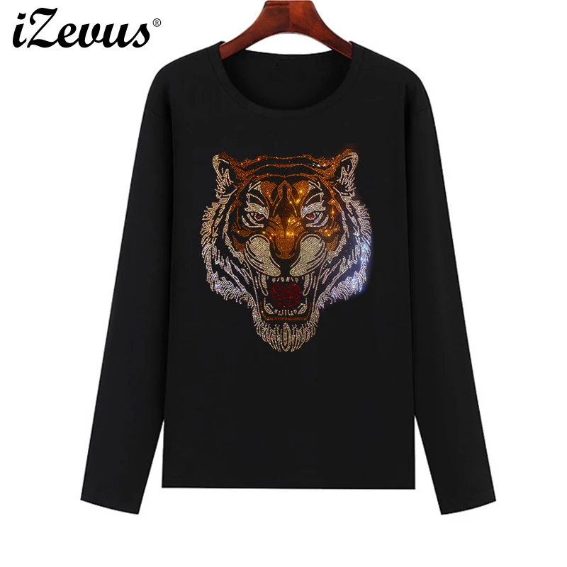 High-quality women's fall and winter long-sleeved casual T-shirt New diamond tiger figure T-shirt S-4XL