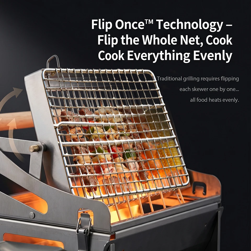 360° Portable Foldable Rotating Charcoal Grill Stainless Steel Outdoor Camping Beach Cooking Removable Barbecue Net