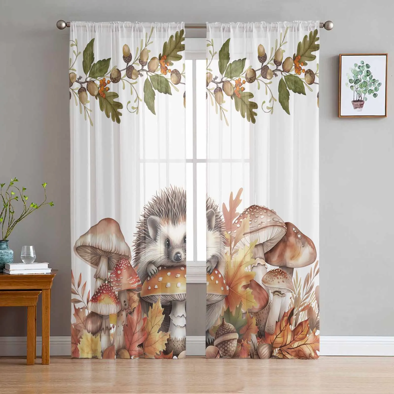 Autumn Leaves Pumpkin Mushroom Hedgehog Window Tulle Curtains for Living Room Kitchen Modern Window Treatments Voile Curtains