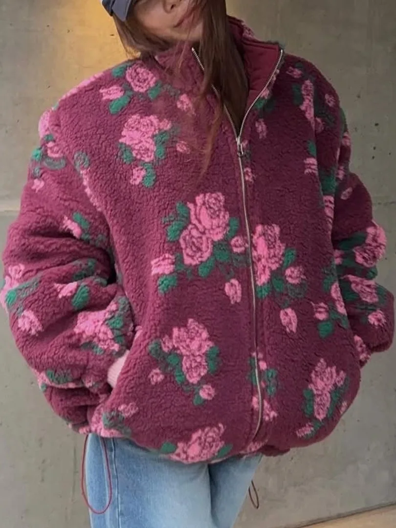 Winter Nieuwe Sle Dames Gedrukt Lamsbont Jaet Losse Warmte Rits Top Koreaanse Faion Polyestervezel ort Jas