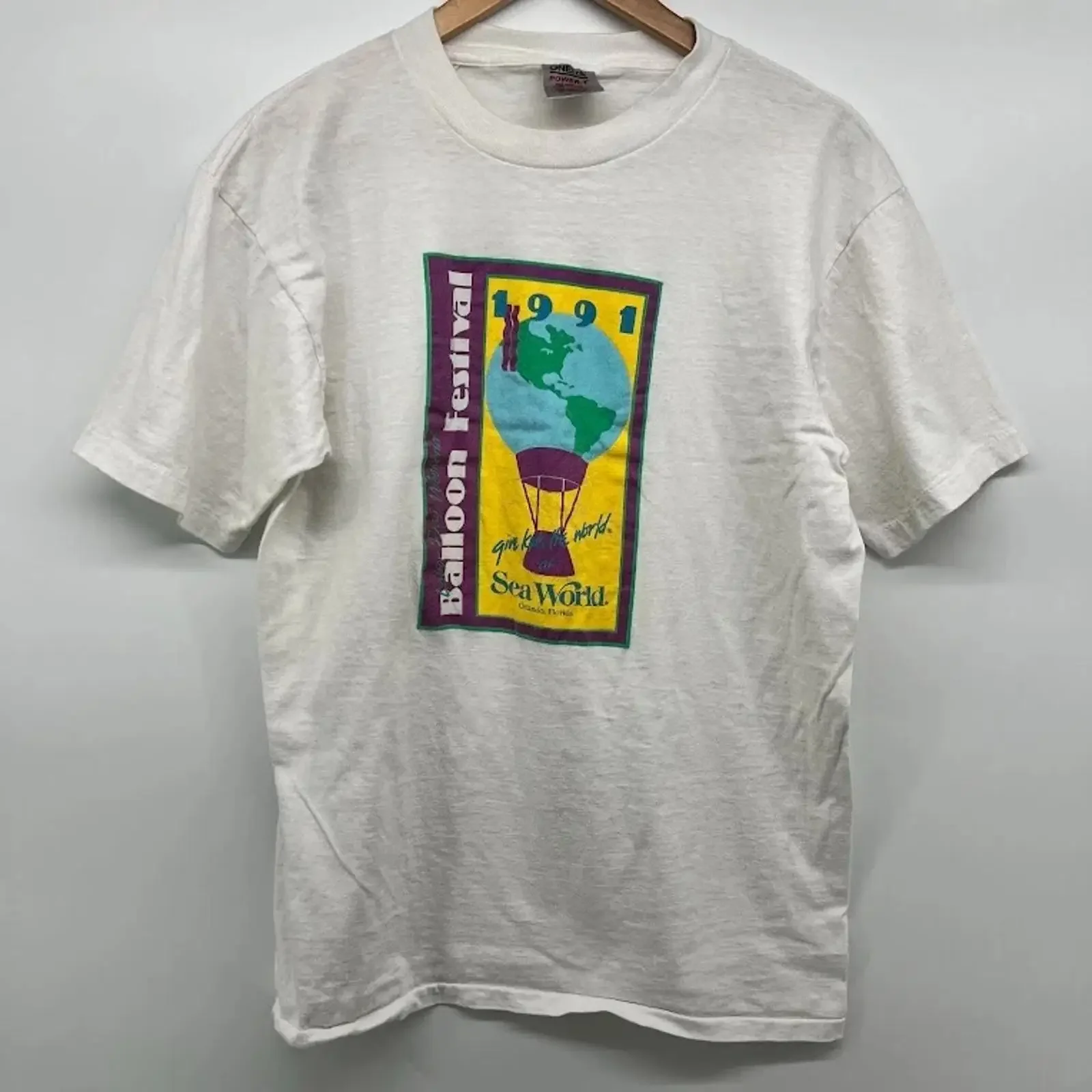 Vintage 1991 Balloon Festival Sea World T Shirt Size XL White Single Stitched vintage Washed Versatile Comfortable Stretched
