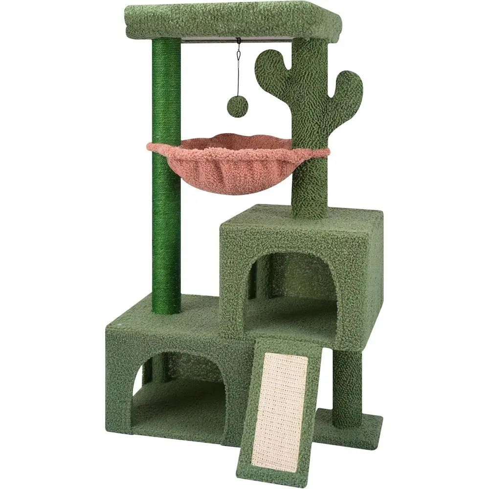 

37.4 Green Cactus Cat Tree Tower with Twin Condos, All-in-One Activity Center for Indoor Cats: Scratching Post, Perch, Hammock,