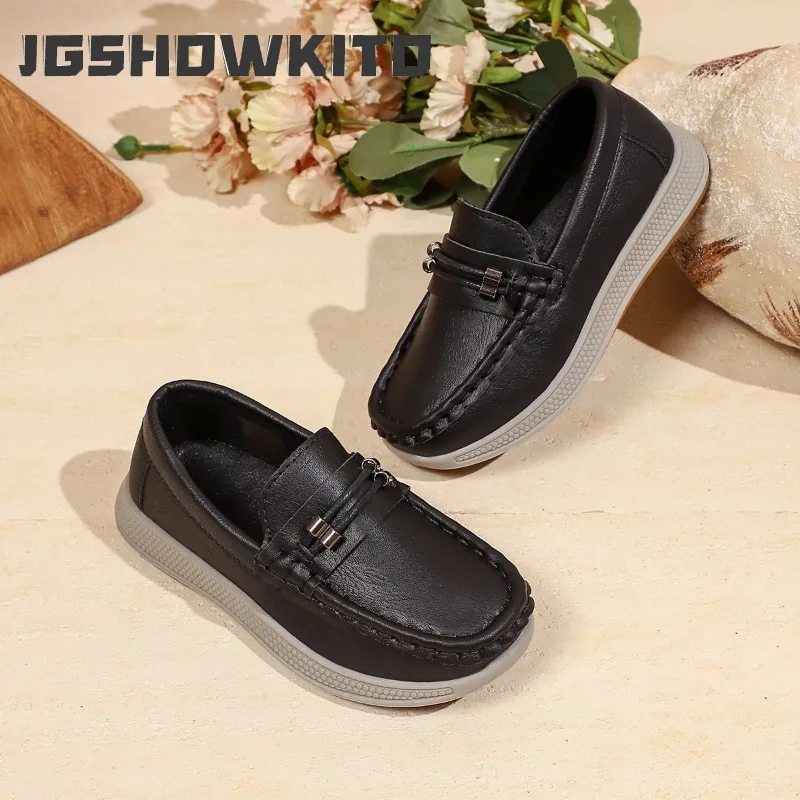 JGSHOWKITO Children's Leather Shoes Simple Fashion Perform School Shoes Boys Black Slip-on Soft Bottom Kids Uniform Flat Shoes