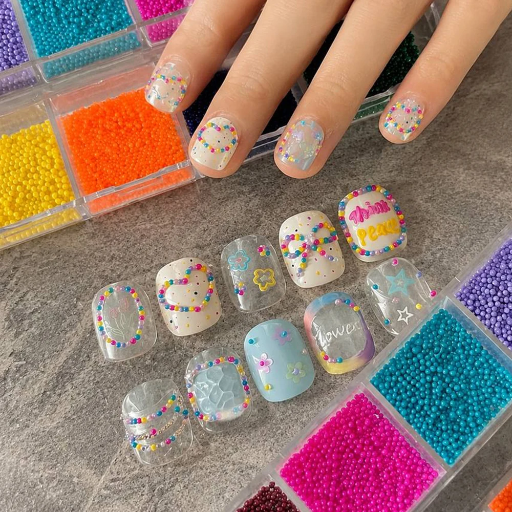 12 Grids Assorted Color Mini Caviar Ball Beads Shiny Micro Metal Nail Charms Salon Nail Art Embellishments