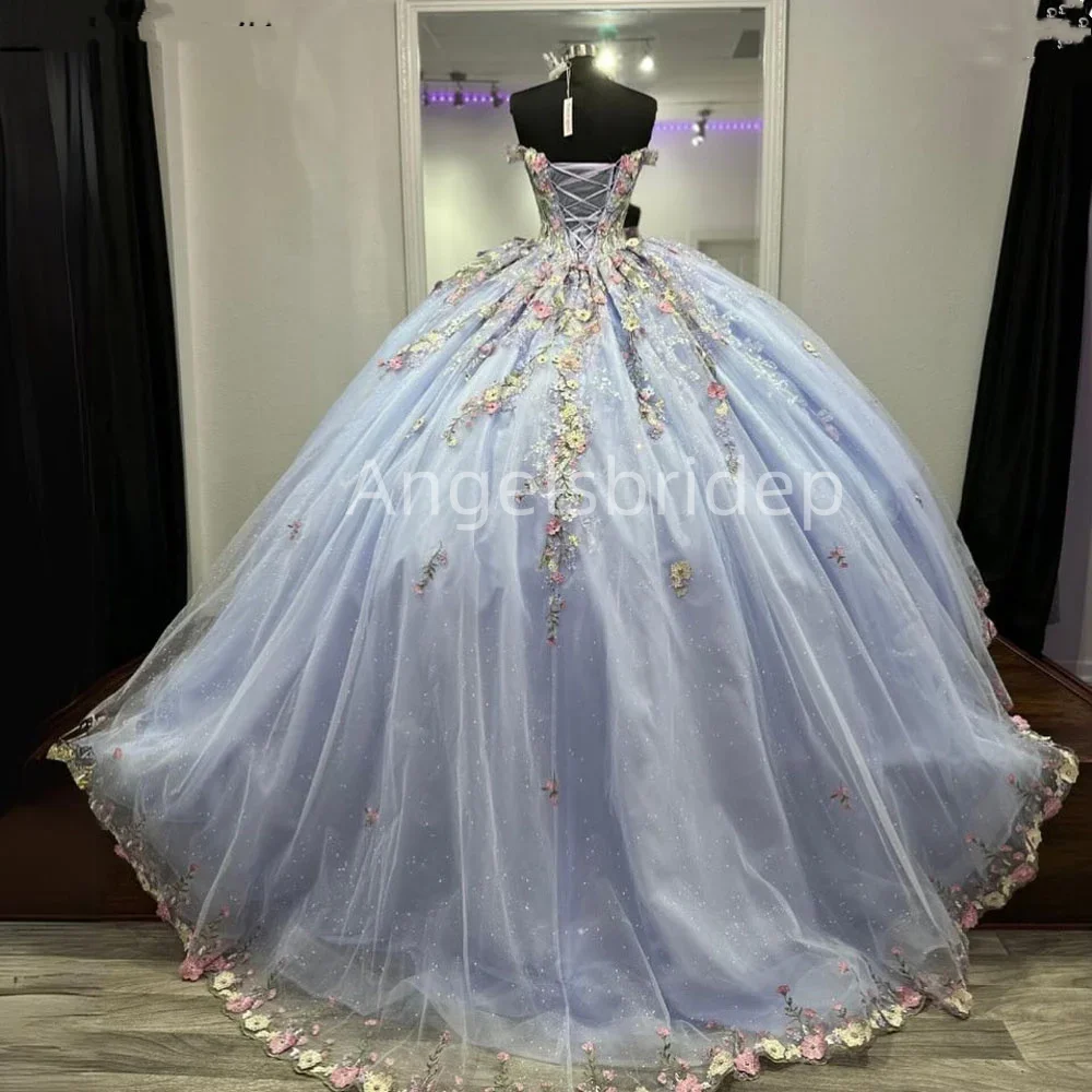 Angelsbridep светильник Голубое Бальное платье, платья для Quinceanera 2025, платья с красочной аппликацией, женское платье