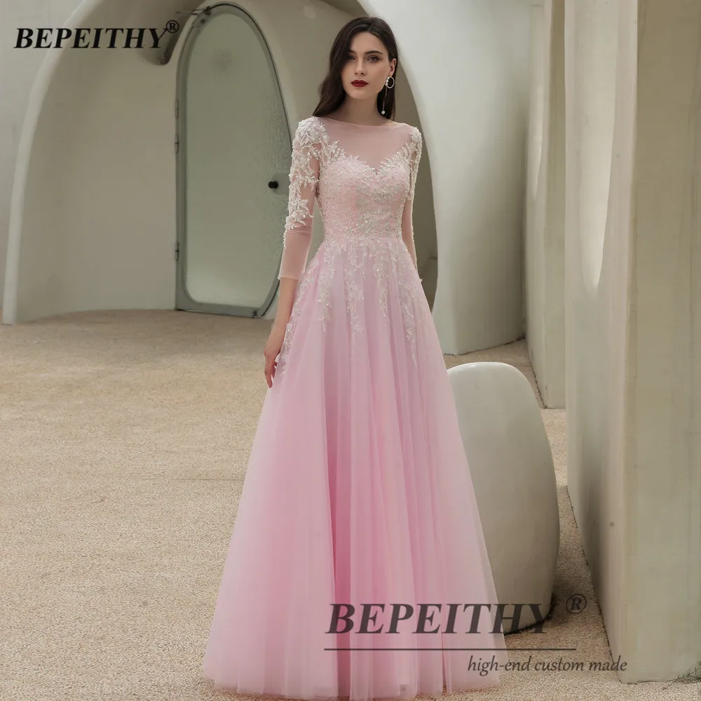 BEPEITHY Customized Pink Evening Dress For Women White Lace Floor Length Party Gown Three-quarter Sleeves Prom Dresses 2023 New