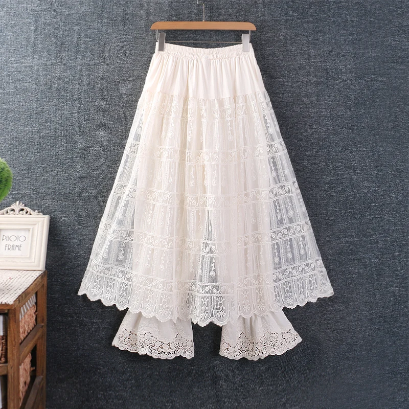 Spring Summer New Japan Style Fake Two Pieces Skirt Pants Women Mori Girl Sweet Lace Patchwork Casual Loose Pantskirt