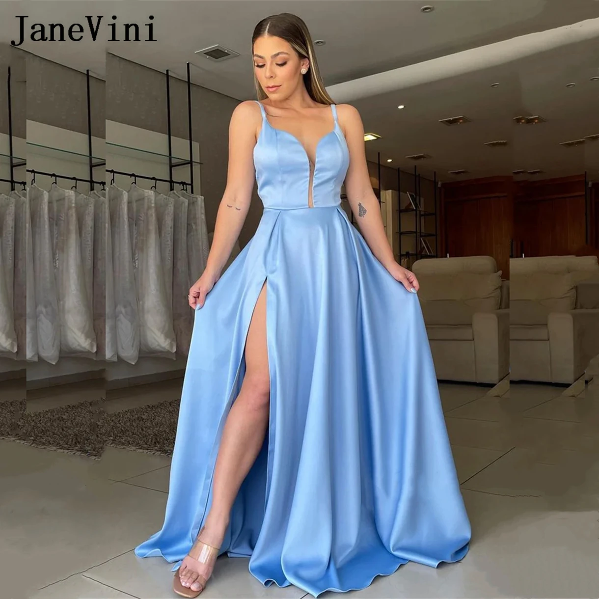 

JaneVini Elegant Blue Bridesmaids Dress Long Wedding Guest Dresses Woman Sexy Backless Slit Satin Gowns Vestido Invitada De Boda