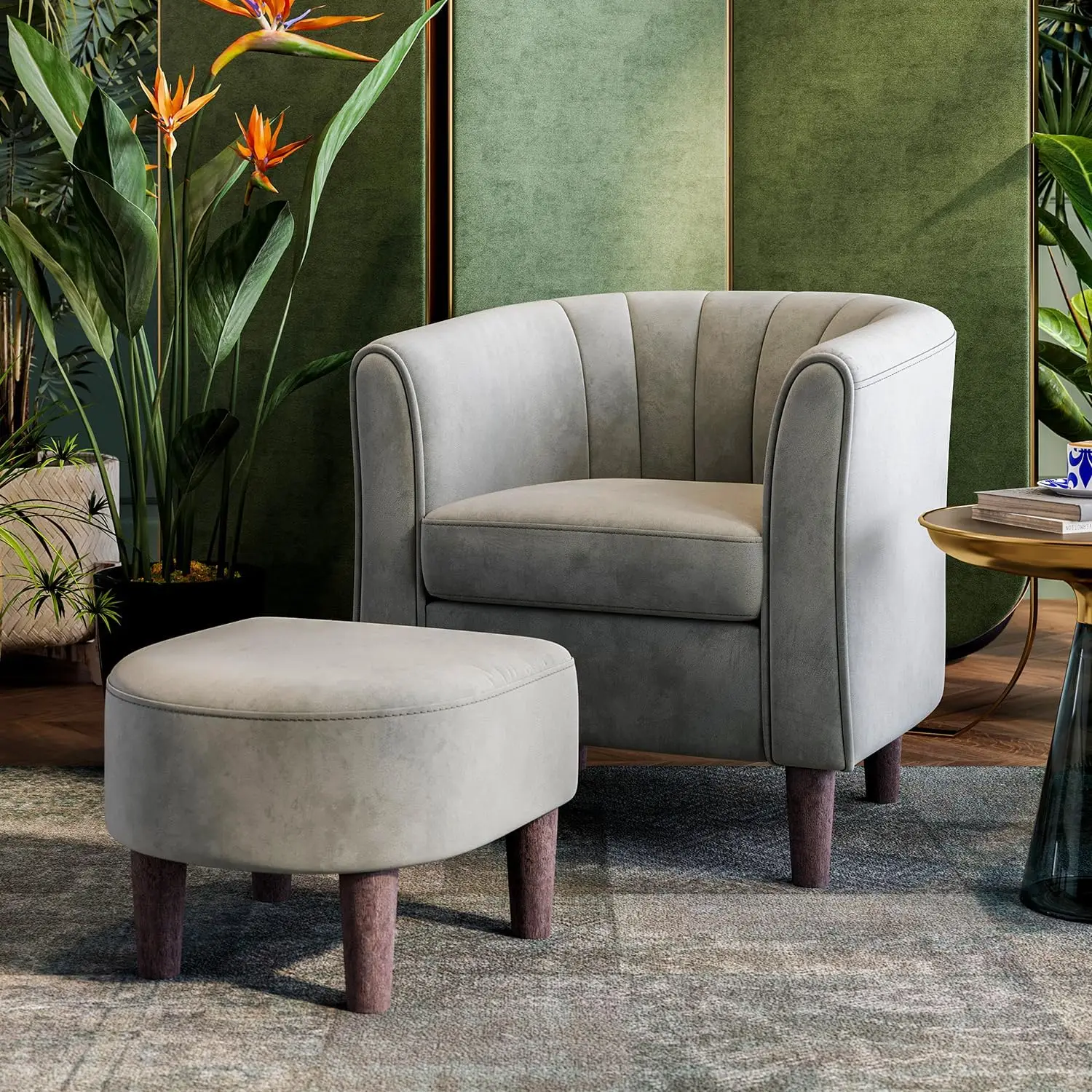 

Accent Chair with Ottoman, Modern Barrel Chair Comfy Armchair Reading Chair with Footrest, Round Arms Chair for Living