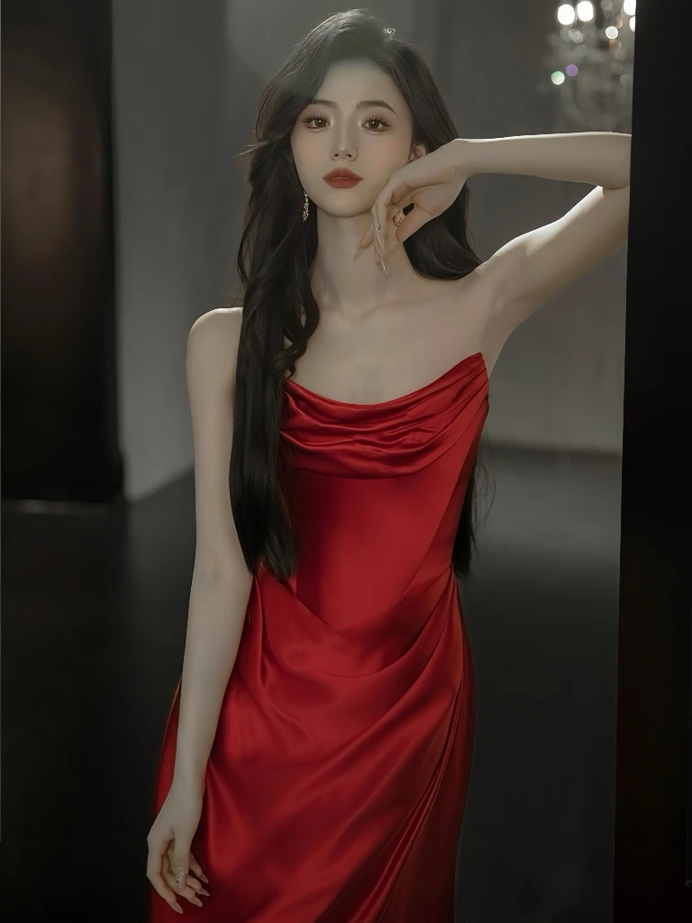 하이엔드 와인 레드 이브닝 가운 주름 장식 인어 슬리밍 민소매 오픈 백 롱 트레일링 공식 행사 칵테일 파티 드레스