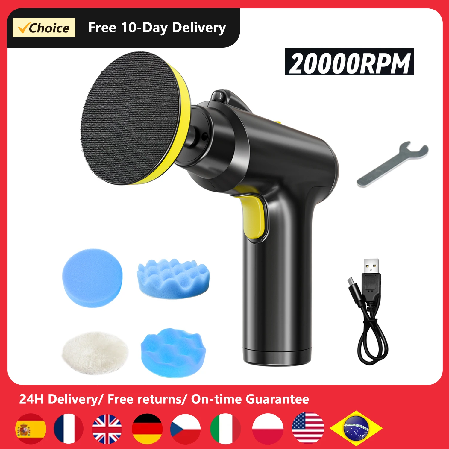 20000RPM Cordless Car Polisher 3 Gears of Speeds Electric Polishing Machine Waxing Wood Sanding Rust Removal Machine