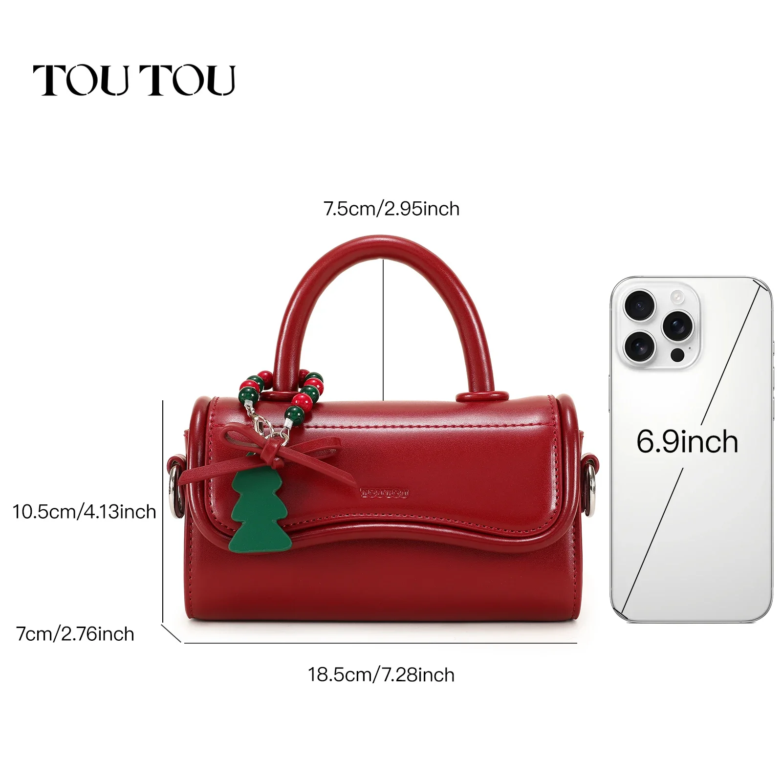 TOUTOU Red Bowling Bag for Women Magnetic Button Adjustable Shoulder Strap Handbag with Pendent Girl Original Christmas Gift