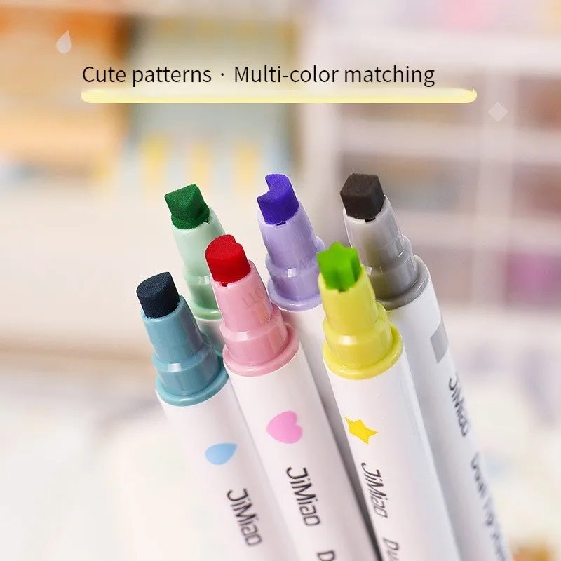 6 Colors Stamp Double Headed Art Markers Highlighter Pen Star/Heart/Moon/Drop/Square for Scrapbook Diary Poster Christmas Card