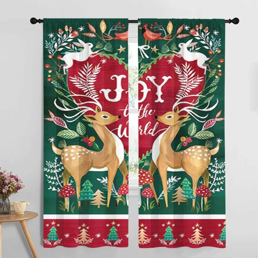 Joy to the World Christmas Window Curtain Festive Woodland Deer Holiday Decor Curtain Panel