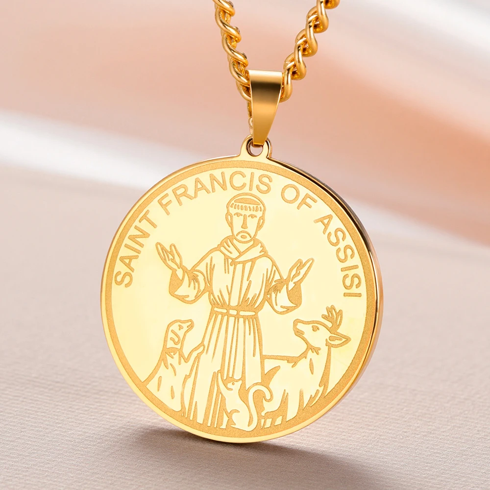 داوابارا سانت فرانسيس من أسيسي قلادة مستديرة ميدالية دينية قلادة حماية تعويذة مجوهرات من صلب لا يصدأ #1