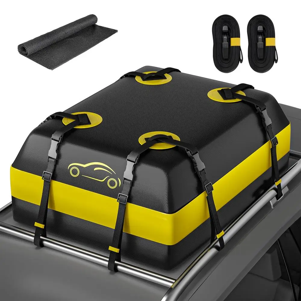 Car Roof Bag 15 Cubic Ft Waterproof Rooftop Cargo Carrier with Anti-Slip Mat & 6 Door Hooks