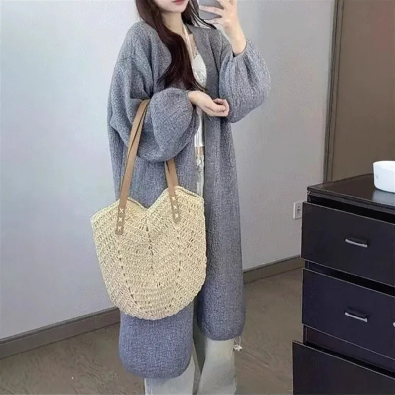 Women Knitted Cardigan Sweaters Mid Length Solid Jumpers Round Collar Puff Sleeves Loose Open Stitch Casual 2025 Autumn Winter