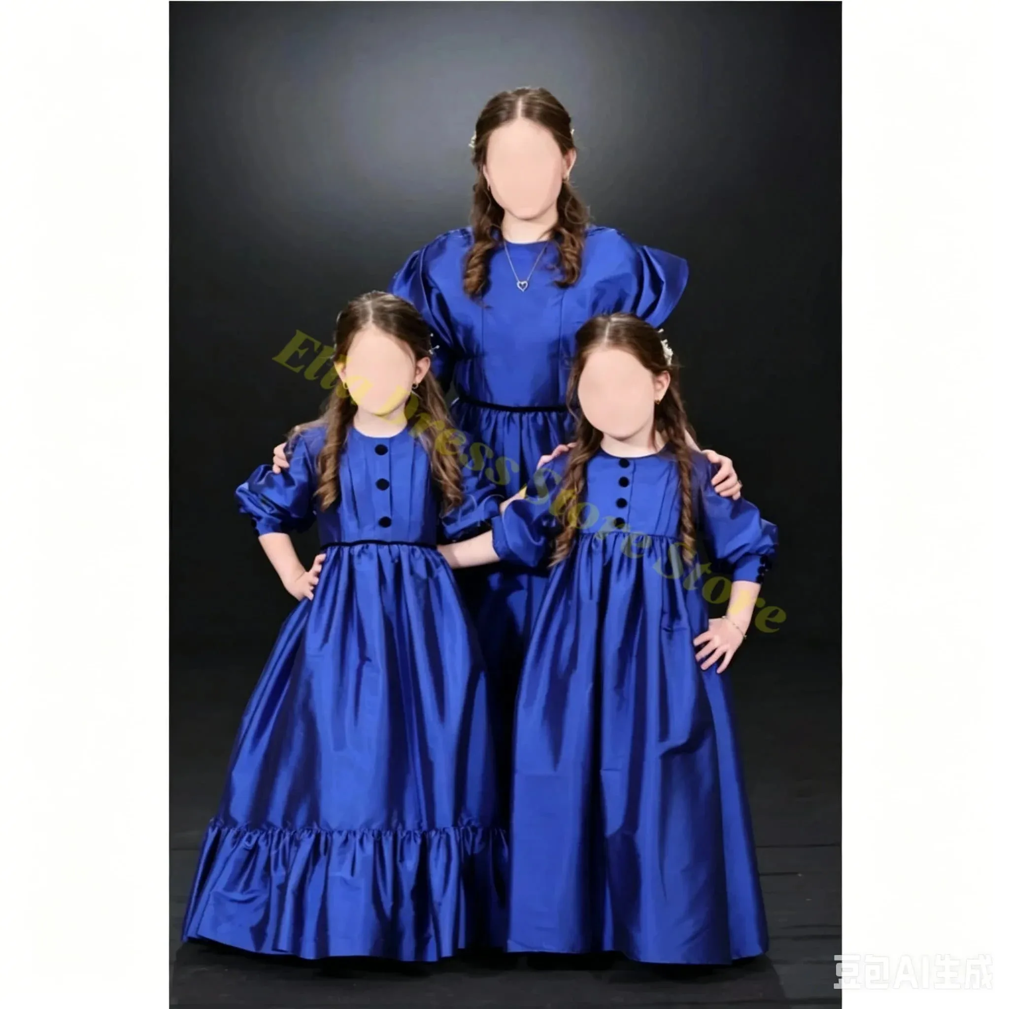 Großhandel Blaues Satin-Blumenmädchenkleid mit Puffärmeln für Hochzeit, 3/4 Ärmel, O-Ausschnitt, Erstkommunion, Kindergeburtstagskleid, Maßanfertigung – Detail 3