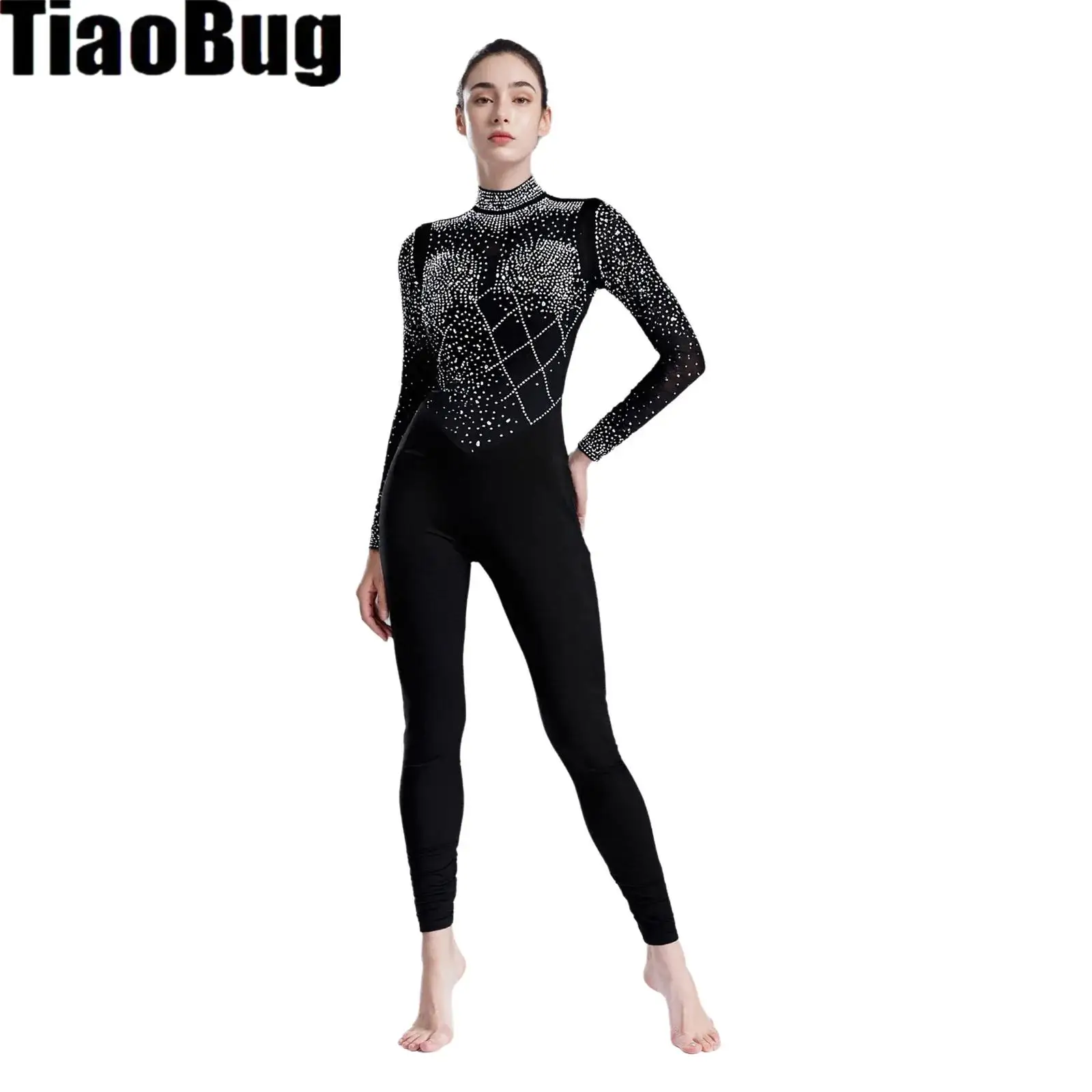 

Womens Glittery Rhinestones Jumpsuit Sheer Mesh Patchwork Mock Neck Long Sleeve Slim Rompers One-piece Bodysuit for Club Party