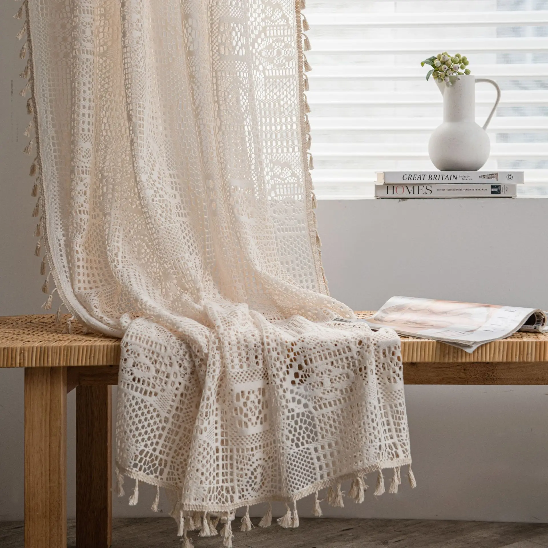 American Country Hollow Curtains Beige Crochet Light-transmitting Living Room Balcony Bedroom Bay Window Literary Eyelet Curtain