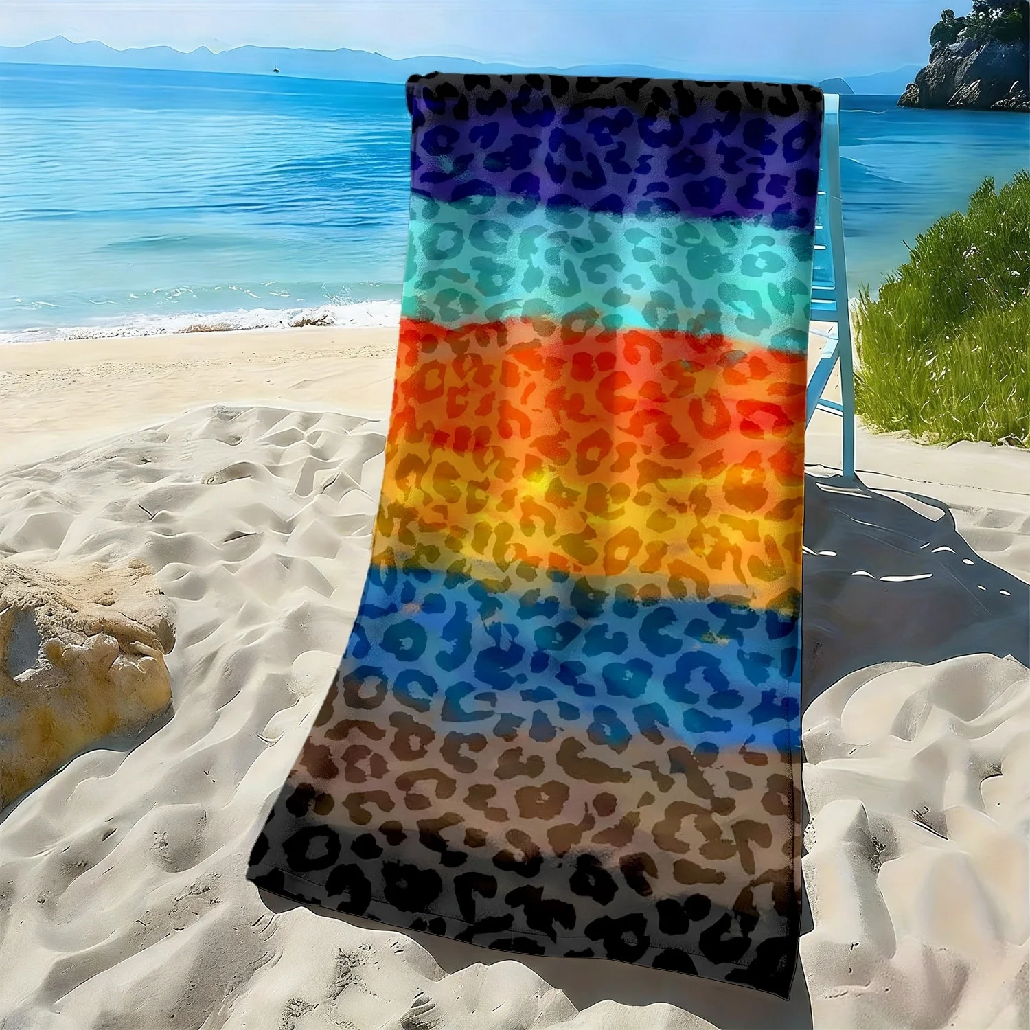 Colorful leopard print stripes pattern polyester microfiber beach towel is highly absorbent, suitable swimming and beach outings