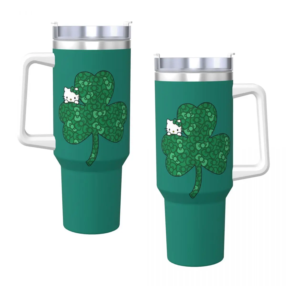 Hello Kitty Clover Bows Saint Patrick's Day Stainless Steel Tumbler Camping Coffee Mug With Straws and Lid 40oz Mugs Cup Bottle