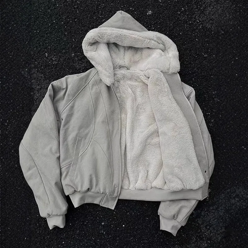 

Fashion Plush Thick Coat Men's Autumn and Winter Cleanfit Heavy Weight Canvas Hooded Cotton Jacket Female Clothing