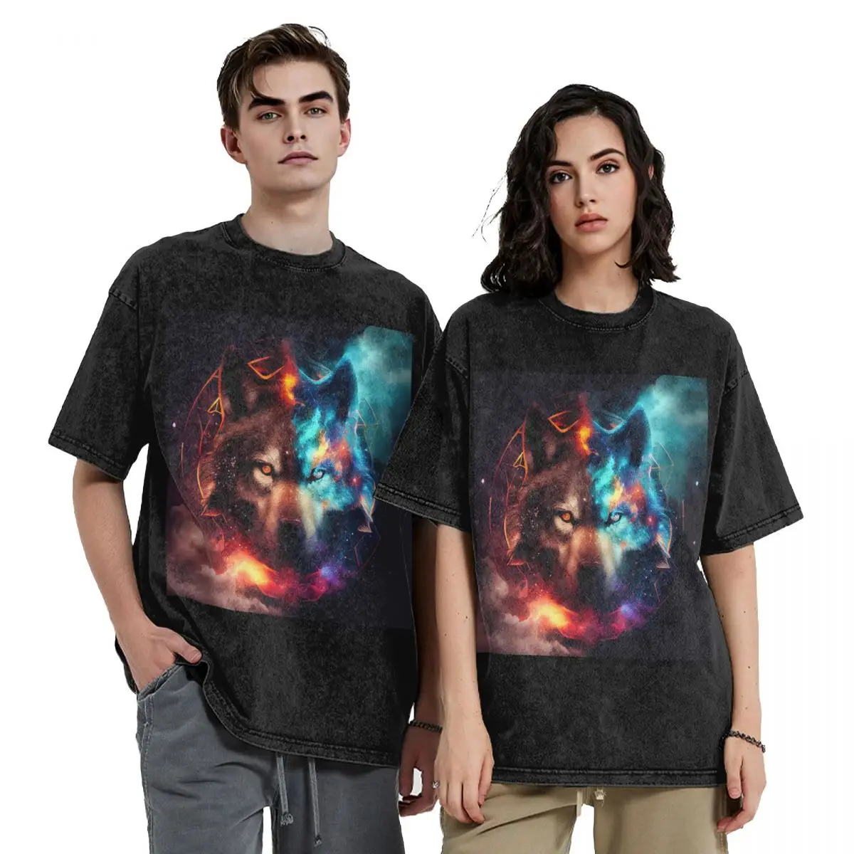 

Spirit Animal Wolf Hip Hop Short Sleeve T-Shirts Washed Tops Tees Streetwear T Shirt Casual for Men Women