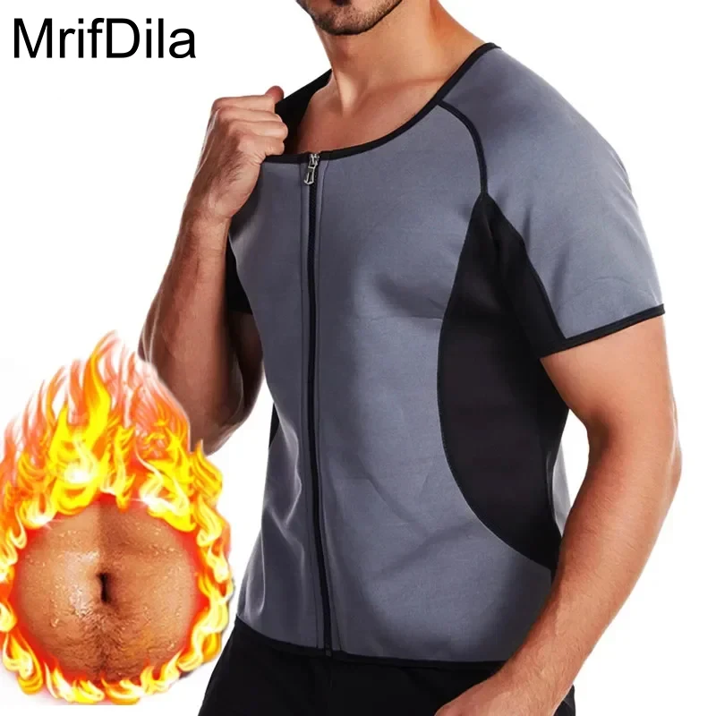 MrifDila Zipper Sauna Suit for Men 5 Times Sweat Short Sleeve Shirt Jacket Top Slimming Fitness Trainer Gym Workout Body Shaper