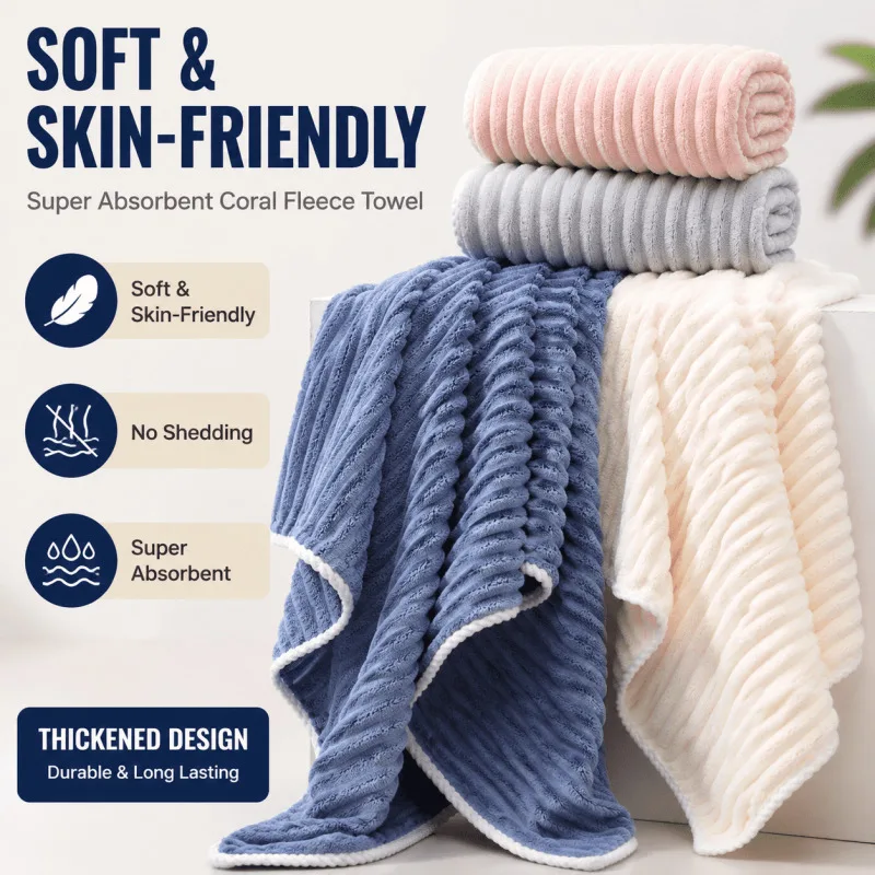 Candy Stripe Coral Fleece Towel Ultra Soft Thick Super Absorbent Lint Free Quick Dry Bath Towel for Home Use