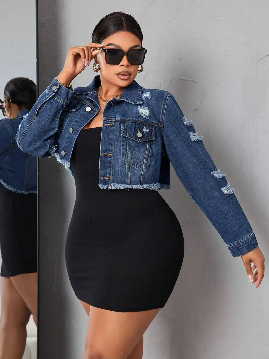 

Plus Size Cropped Distressed Denim Jacket with Frayed Hem and Long Sleeves