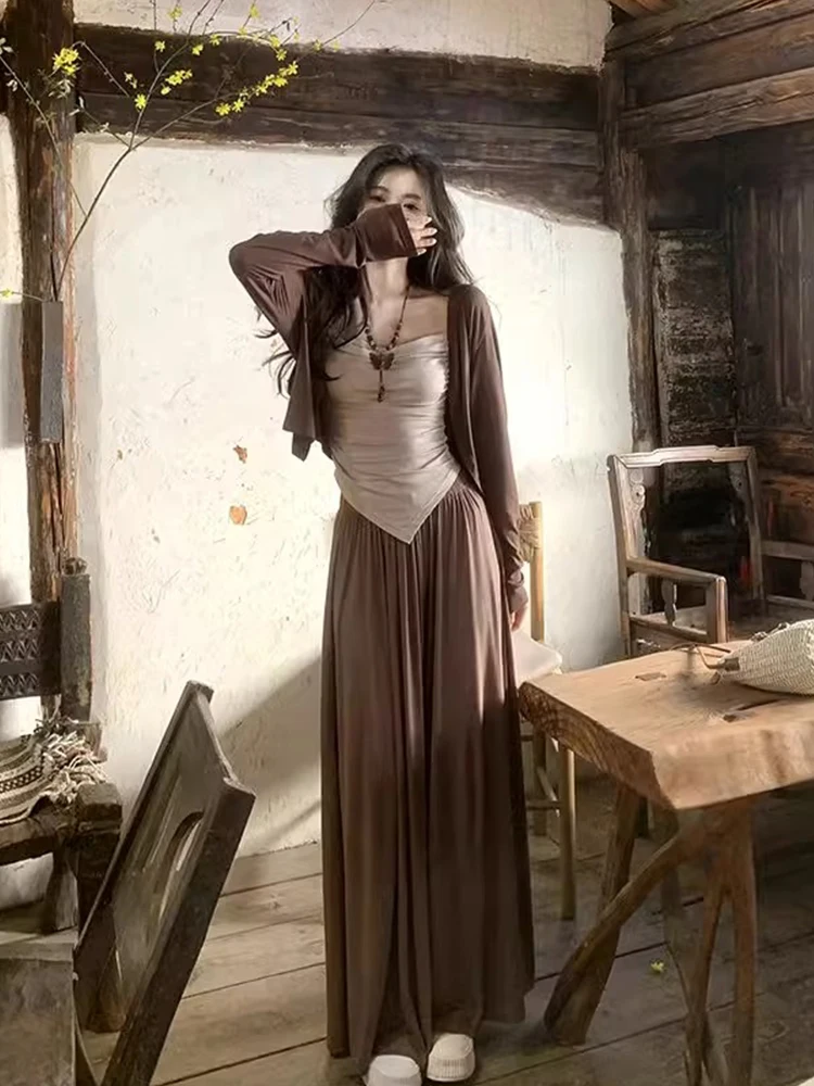 Coreano Sle Lazy Tee-Piece Set da donna Primavera 2025 ort Cardigan aperto Gilet asimmetrico Pantaloni a gamba larga Faion Set