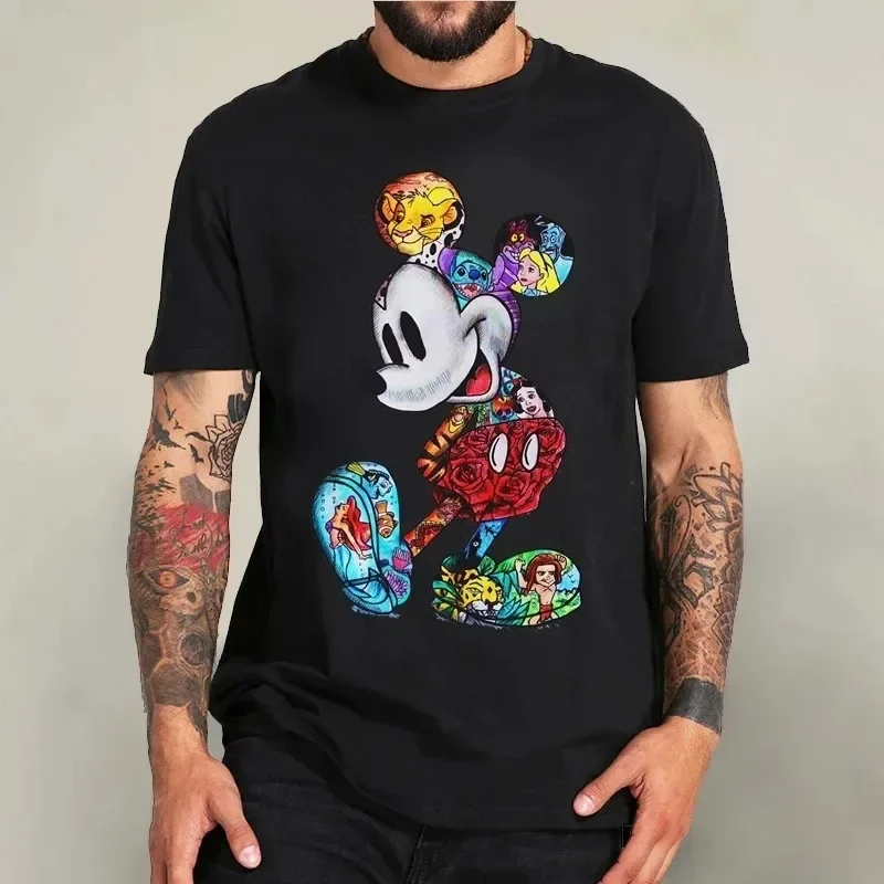 Cotton Black T-shirt for Men Disney Mickey Mouse Pattern Casual Comfortable T-shirt Anime Tops Summer Fashion Short-Sleeved