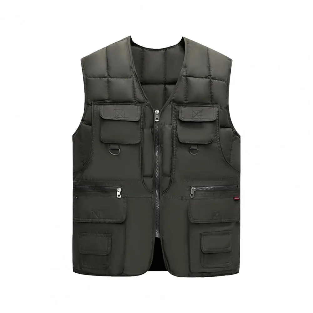 Men Waistcoat V-Neck Sleeveless Zipper Placket Vest Coat With Multi Pockets Windproof Warm Down Vest Jacket Male Accessories