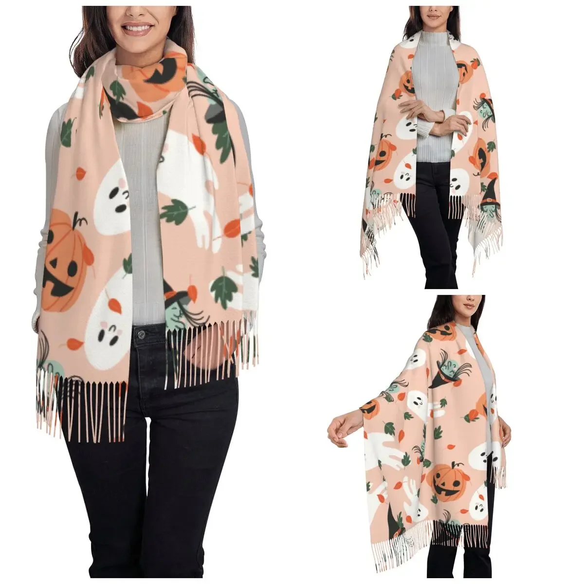 Womens Tassel Scarf Halloween Large Soft Warm Shawl Wrap Pumpkin Ghost Witch Cartoon Reversible Cashmere Scarf