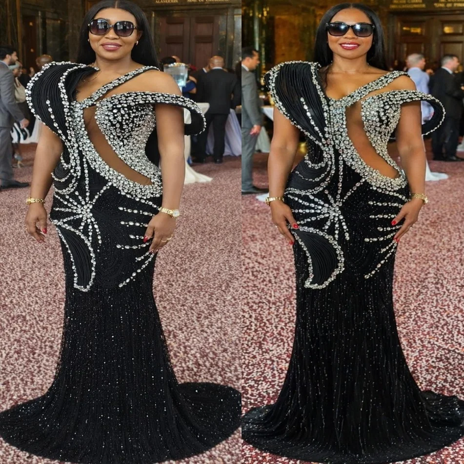 

Black Mermaid 2026 Prom Dresses Sheer Neck Beaded Crystals Stylish Evening Formal Party Birthday Gowns Dresses ZJ2604