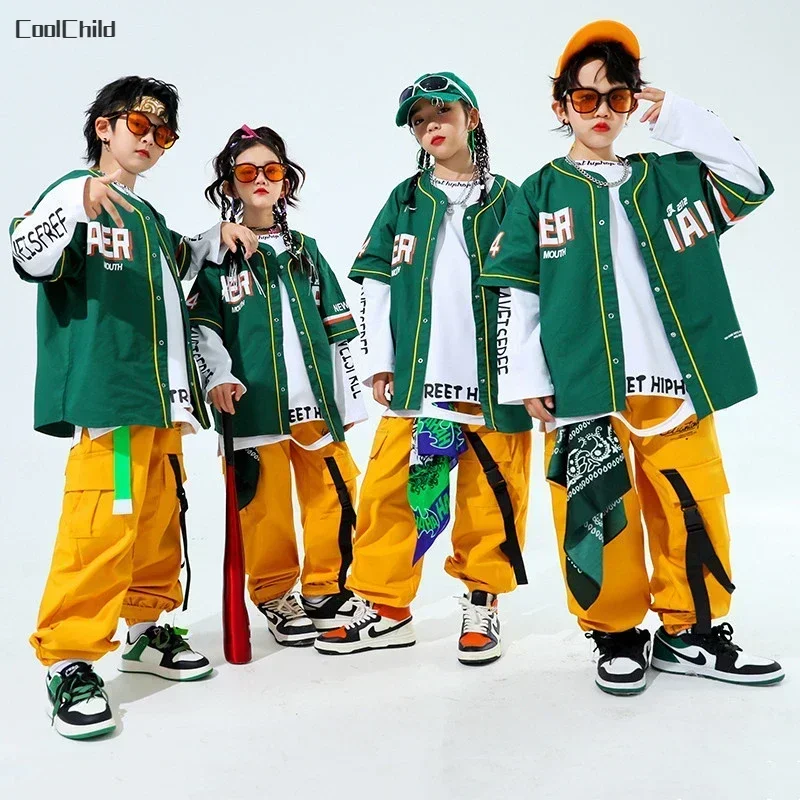 Hip Hop Boys Fashion Baseball Jacket Solid Cargo Pants Girls Cool Streetwear Children Jazz Clothes Set Kids Street Dance Costume