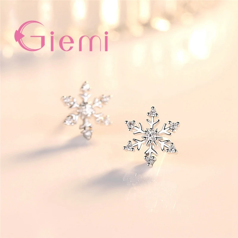 Lovely Christmas Gifts for Women Real 925 Stamped Snowflake Stud Earrings Micro Paved Crystals Sterling-Silver Jewelry